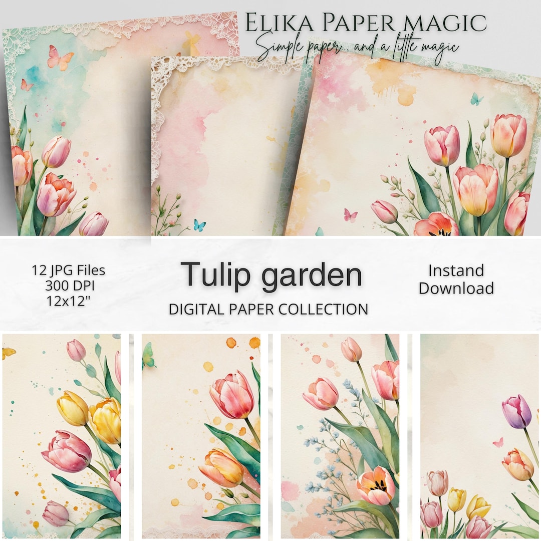 Tulip Garden Digital Paper Pack | Watercolor Floral Papers 12x12 JPG ...