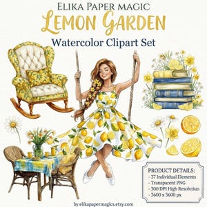 May include: Watercolor clipart set titled "Lemon Garden" featuring a woman in a lemon-print dress on a swing, a yellow rocking chair, a table setting, books, and lemons. The set includes 37 individual elements, transparent PNG files, and high-resolution images.
