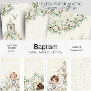 May include: Digital paper collection with a baptism theme. The image features illustrations of angels, doves, churches, and floral arrangements. The text includes "Baptism," "12 JPG Files," and "Instant Download." The paper size is 12x12 inches.