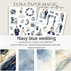 Puede incluir: Una colección digital titulada ELIKA PAPER MAGIC con ilustraciones de temática de boda azul marino, incluyendo parejas, arreglos florales, anillos y pasteles, junto a cuatro fondos abstractos con patrones de mármol azul y dorado.