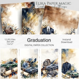 Graduation Digital Paper Pack, Masculine Graduation Scrapbook Paper, Luxury Suit Watch Car Diploma Junk Journal, 12x12 Instant download
