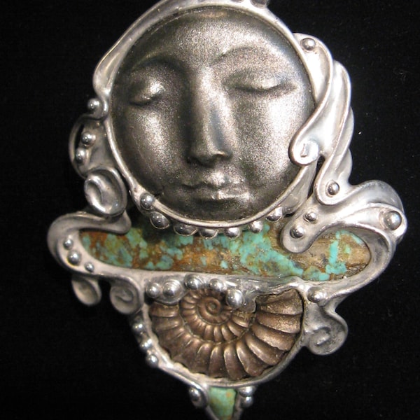 Pendant or Pin - Black Glazed Ceramic Face, Turquoise & Ammonite Fossil