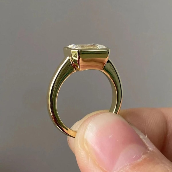 Emerald Cut Bezel Set East West Solitaire Engagement Ring, Solitaire Emerald Diamond Ring, Bezel Set Wedding Ring, East To West Promise Ring
