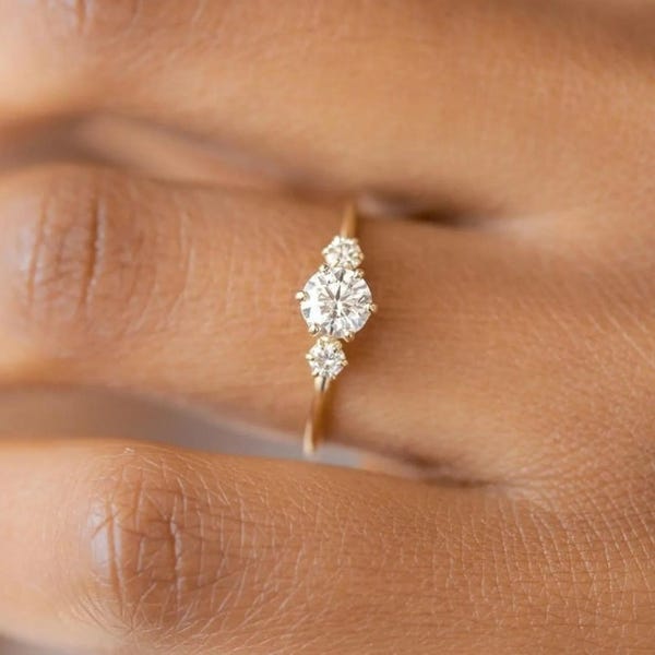 Three Stone Diamond Engagement Ring, Round Moissanite Wedding Ring, Dainty Promise Ring, Trilogy Ring Women, Stacking Ring, 14K Gold Rings