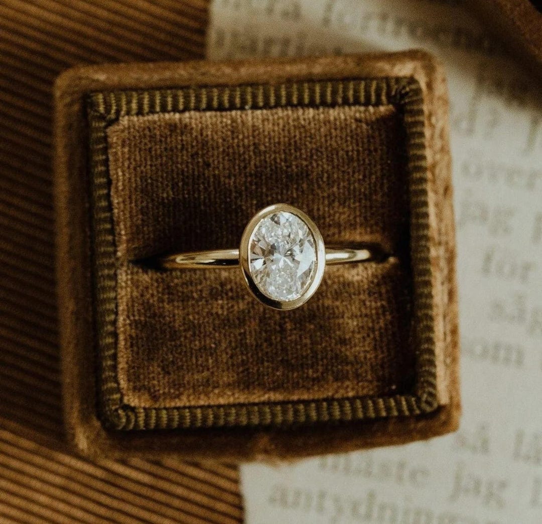 2.5CT Bezel Set Oval Cut Moissanite Ring Solitaire Engagement Ring 14K ...