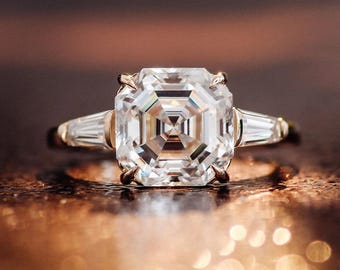 9x9 mm Asscher Cut Three Stones DEF VVS Diamond Moissanite Engagement Ring 10K 14K 18K Real Gold Ring Asscher Cut Moissanite Engagement Ring