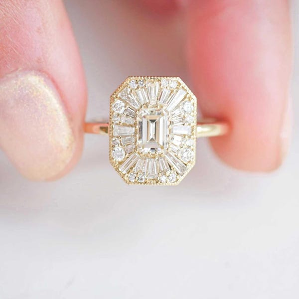Ethereal Diamond Mosaic Ring 1ct Emerald Cut Moissanite Engagement Ring, Art Deco Starburst Ring For Woman, Vintage Hidden Halo Ring