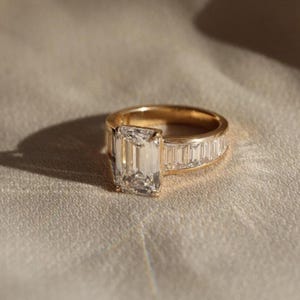 Unique 5 Ct Emerald Cut Moissanite Engagement Ring, Side Baguette Wedding Ring, Emerald Cut Ring, Halloween Jewelry, 14K Gold Ring For Women
