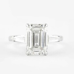 Emerald Cut Three Stone Ring, 3.50 CT Emerald Cut Moissanite Engagement Ring, Side Tapered Baguette Cut, Proposal Anniversary Gift For Her