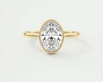 2 CT Fancy Bezel Setting Oval Moissanite Engagement Ring, Bezel Setting Oval Solitaire Ring, Oval Milgrain Wedding Ring, Ring Gift For Women