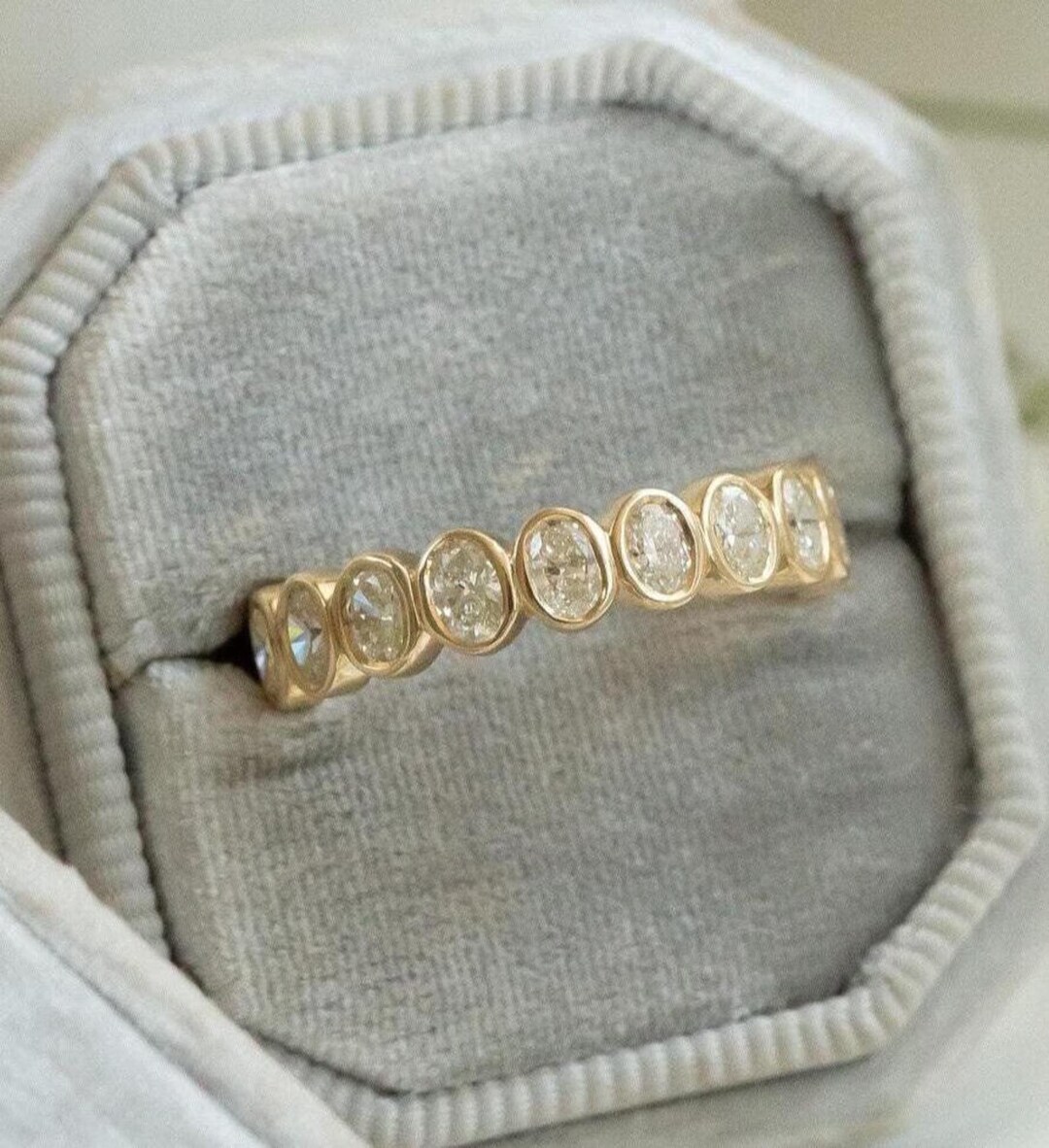 Bezel Set Oval Moissanite Wedding Band: 14K Yellow Gold Half Eternity ...