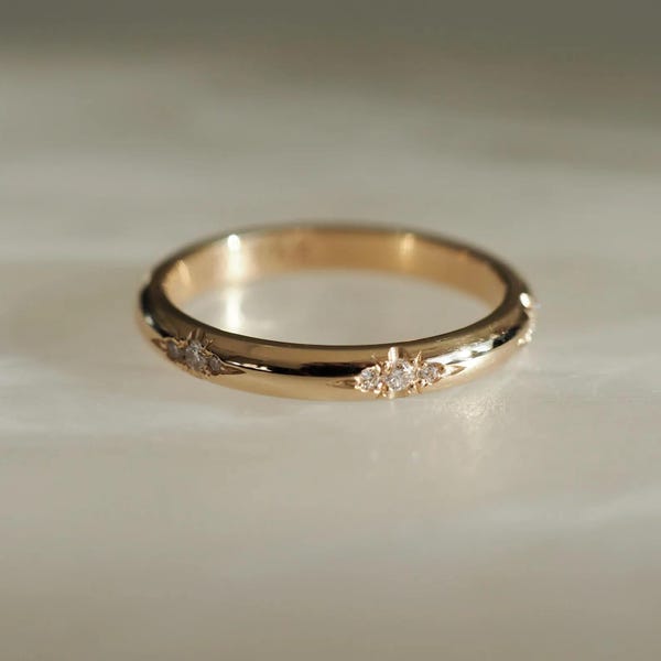 14K Gold Flush Set Eternity Round Moissanite Wedding Band, Stacking Matching Band, Star Engrave Dainty Bridal Ring, Cluster Celestial Band