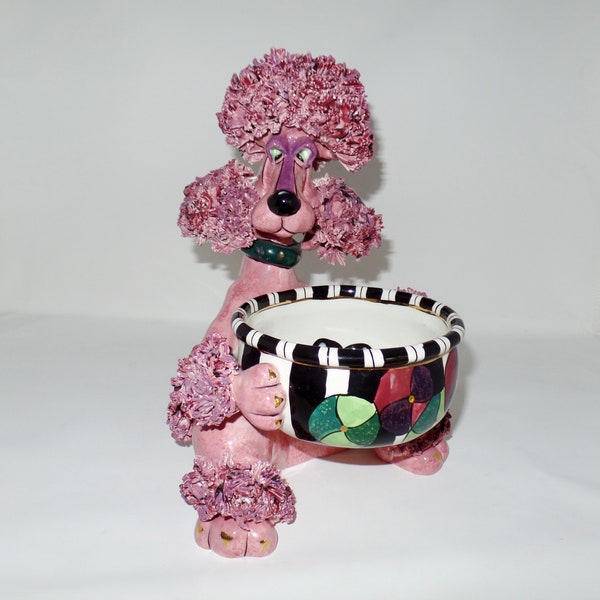 SWAK Sasha pink spaghetti poodle by Lynda Corneille LARGE with bowl