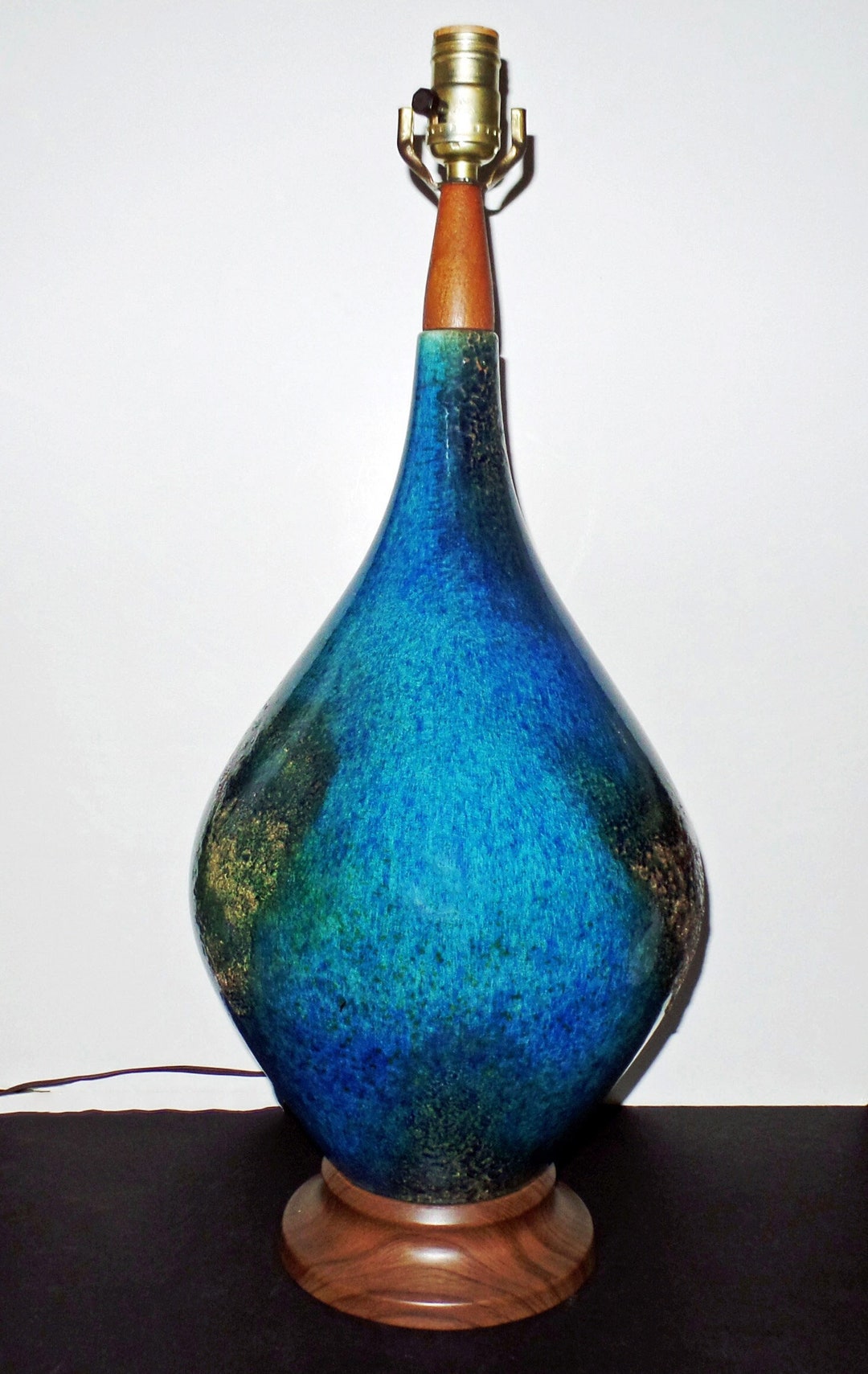 Midcentury Blue Lava Drip Glaze Pottery Table Lamp Etsy
