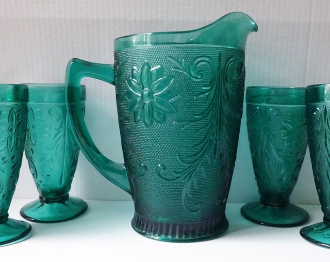 Vintage Pitcher & Glasses Set Turquoise Teal Pressed Glass Floral