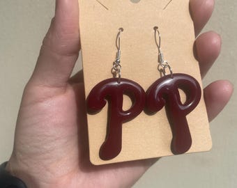 Handmade Phillies Logo Earrings – Maroon Red Polymer Clay Dangle Earrings – Philly Baseball Fan Jewelry