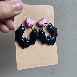 Bat Earrings with Pink Hearts: Gothic Polymer Clay Jewelry