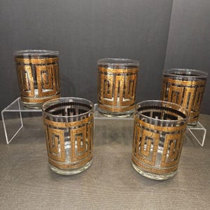 Five MCM Culver Rocks Barware 22K Gold Key Whiskey Glasses (#405)