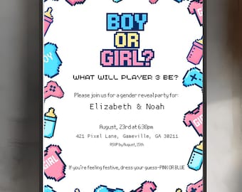 Pixel Gender Reveal-uitnodiging • Uitnodiging videogamebabyshower • Wat wordt speler 3? • Bewerkbare digitale download