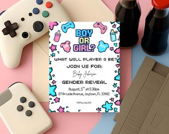 Pixel Gender Reveal-uitnodiging • Uitnodiging videogamebabyshower • Wat wordt speler 3? • Bewerkbare digitale download