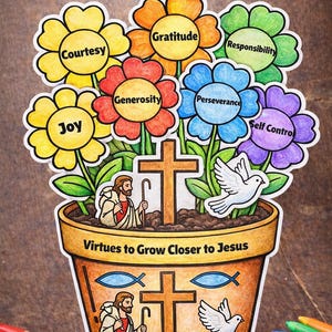 Manualidad de maceta con virtudes cristianas / Lección de fe católica para niños (Descarga digital)