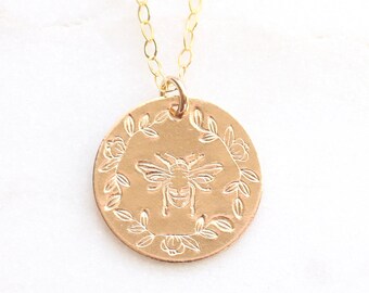 Hand Stamped Bee Magnolia Wreath 14k Gold Filled Necklace, Dainty Jewelry
