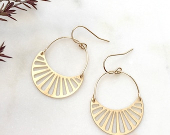 Satin Brass Crescent Dangle Earrings, 14k Gold Filled Hooks
