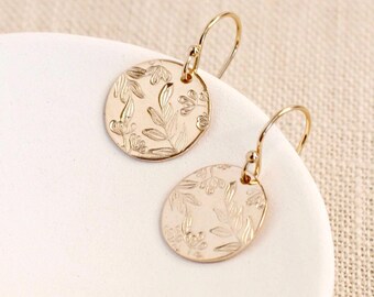 Hand stamped leaf earrings, 14k gold filled, dainty dangle earrings
