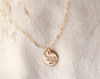 Hand stamped leaf necklace, 14k gold filled, small disc necklace, dainty jewelry