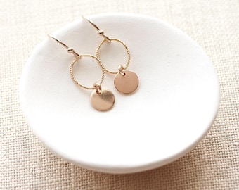 Small dainty 14k gold filled earrings, delicate dangle earrings, disc, open circle, gift