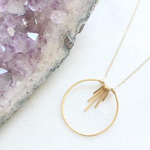 Large brass open circle and fringe necklace, 14k gold filled chain, sunburst necklace, gold fringe, circle necklace, long necklace