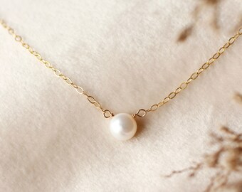 Dainty Freshwater Button Pearl Necklace – 14k Gold Filled Delicate Chain