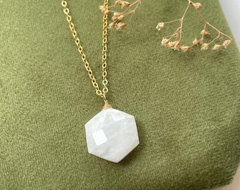 Hexagon moonstone necklace, 14k gold filled, dainty chain, white geometric jewelry, gemstone necklace