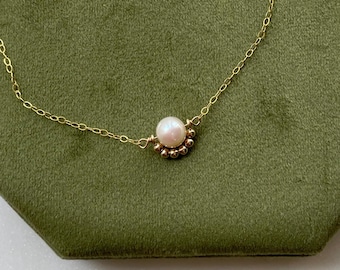 Freshwater pearl and gold bead necklace, 14k gold filled, unique jewelry, dainty