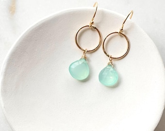 Aqua chalcedony circle dangle earrings, 14k gold filled, handmade drop earrings, teardrop bead