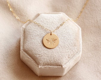 BEE - hand stamped bee necklace, 14k gold filled, honeybee, dainty, circle disc medallion necklace
