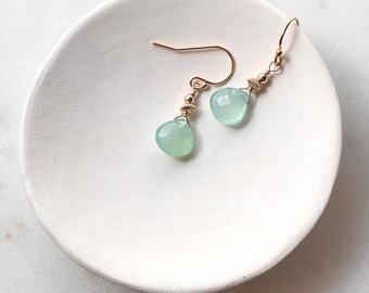 Aqua Chalcedony Drop Earrings, 14k Gold Filled, Mint Green Gemstone Dangles