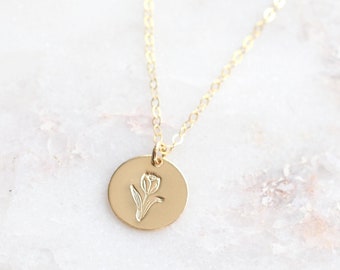 Tulip necklace, flower necklace, hand stamped, disc, gold filled, everyday necklace, jewelry, flower, dainty, delicate, 14k gold filled