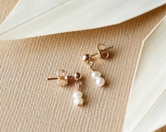 Tiny pearl earrings, 14k gold filled, dangle stud earrings, dainty