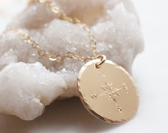 Hand Stamped Compass Necklace, 14k Gold Filled, Wanderlust Layering Jewelry