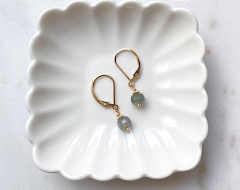 Moss Aquamarine Lever Back Dangle Earrings, 14k Gold Filled, Blue Green Gemstone Drops