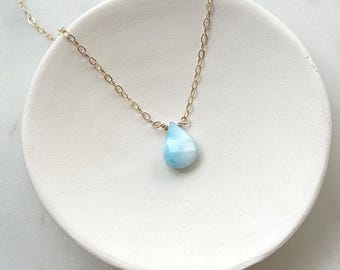 14k Gold Filled Larimar Necklace, Faceted Blue Gemstone, Beach Island Jewelry