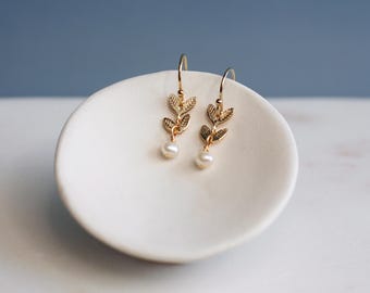 Gold Plated Leaf Chevron Earrings with Freshwater Pearls, 14k Gold Filled Hooks