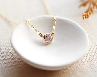 14k Gold Filled Solitaire CZ Necklace, Dainty Layering Collarbone Chain