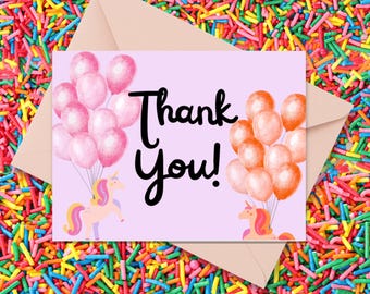 Printable Unicorn Birthday Thank You Card | Unicorn Balloon Canva Card Digital Download | Girl Birthday Party Printable Thank You