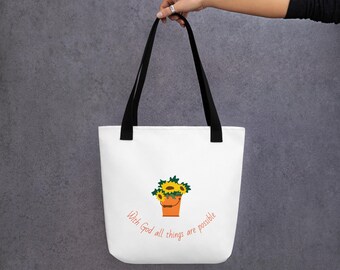 With God All Things Are Possible | Sunflower Bucket Tote Bag | Christian Inspiration | Christian Gift Idea