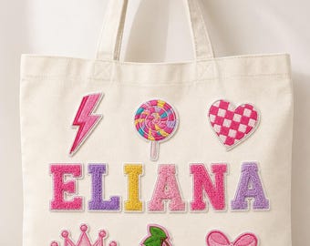 Gepersonaliseerde draagtas van canvas met patch | Aangepaste naam, patches, kindertas