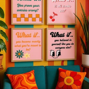SET OF 4 - Bright, Uplifting Printable Art – 70’s, Pink, Vintage, MCM, Retro Digital Poster for Manifestation & Self-Love