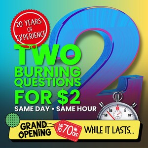 Könnte beinhalten: Werbegrafik mit einer großen blauen Zahl 2, grünem Text mit der Aufschrift "ZWEI DRINGENDE FRAGEN FÜR 2$" und einer Stoppuhr. Enthält den Text "20 JAHRE ERFAHRUNG", "GROSSE ERÖFFNUNG" und "BIS ZU 70% RABATT, SOLANGE DER VORRAT REICHT".