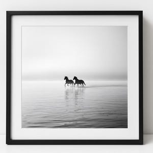 以下が含まれることがあります： 水の中を走る2頭の馬を描いた白黒の額入りプリント。馬は霧のかかった背景に対して暗いシルエットで、穏やかでダイナミックなシーンを作り出しています。アートワークは黒い正方形のフレームに収められています。